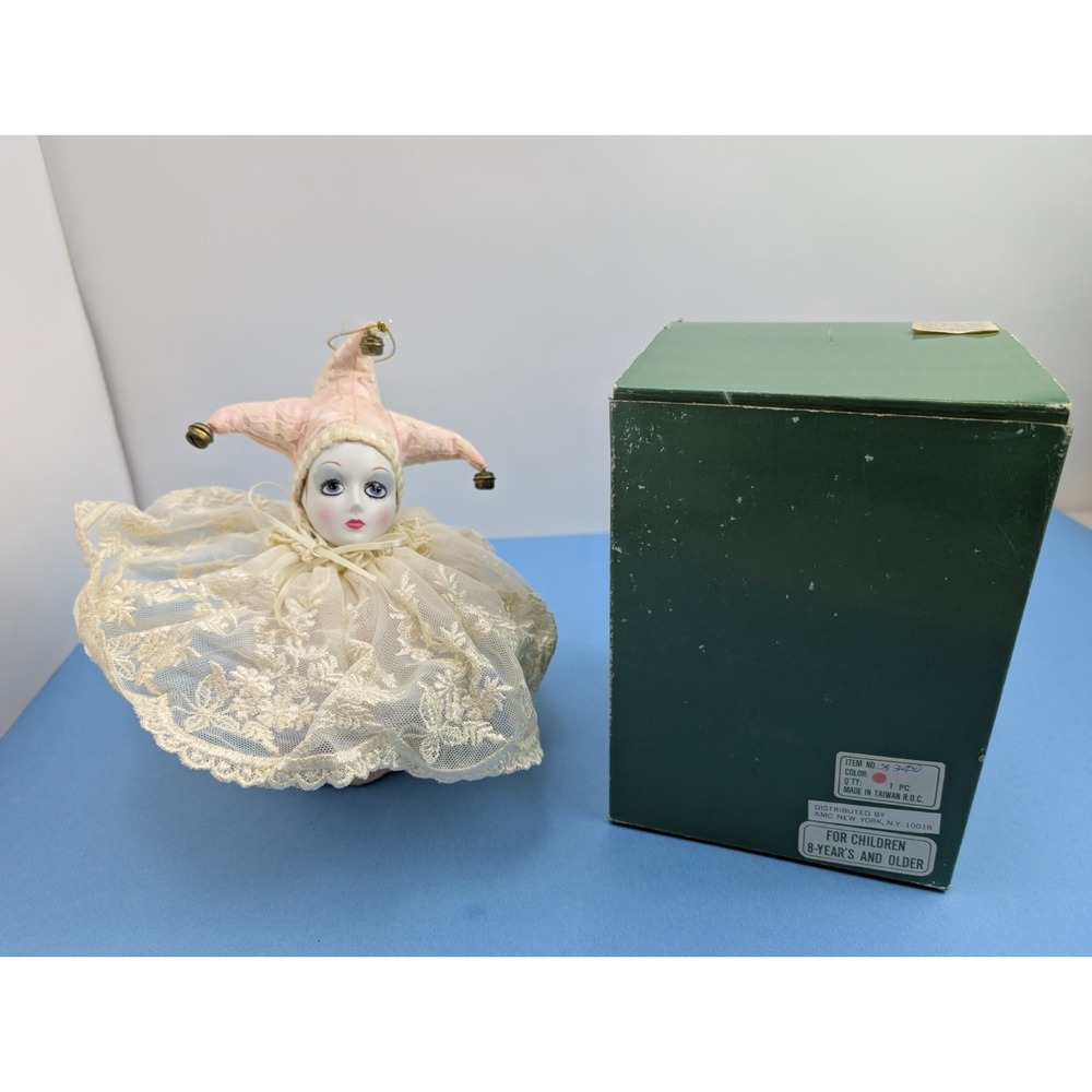 Vintage Harlequin Jester Doll White Lace Original Box Bells Ornament Lazarus
